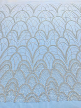 Dantela Couture Argintie cu Tulle Baby Blue cu Model Geometric, cu Perle, Margele Si Paiete
